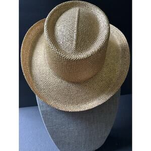 The Hat Works Straw Hat S/M Unisex Wide Brim Metallic Gold Coastal Travel Boho
